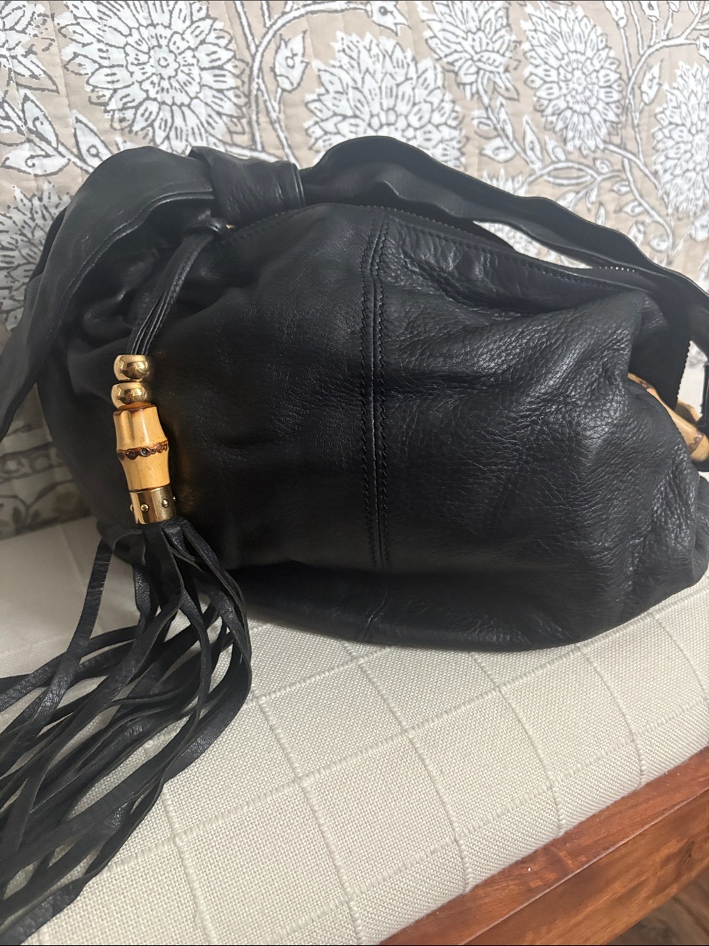 Gucci Black Leather Tassel Hobo with Gold Accents